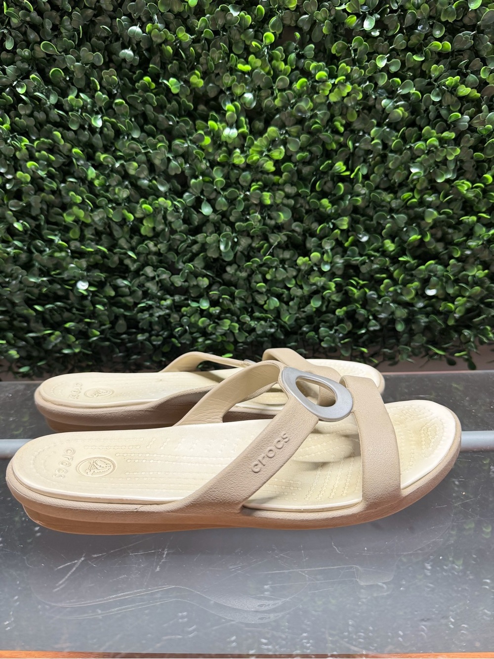 CROCS Women's Tan Slide Sandal with Silver Accent